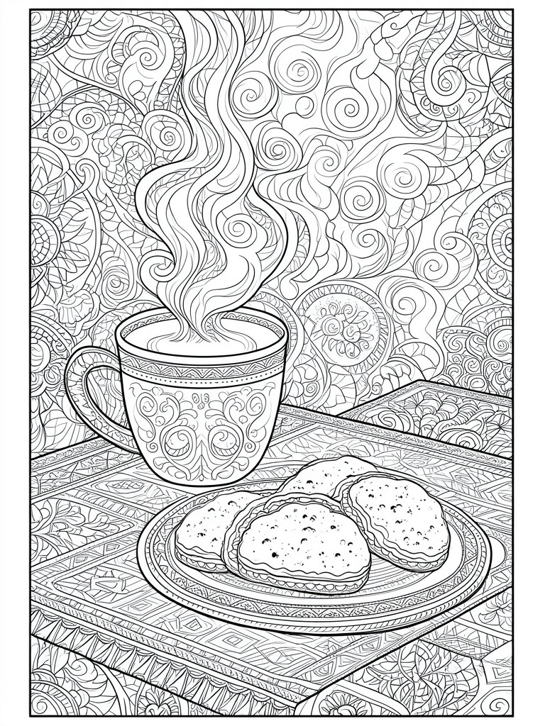 Steaming ornate cup with cookies on patterned table, intricate line art style