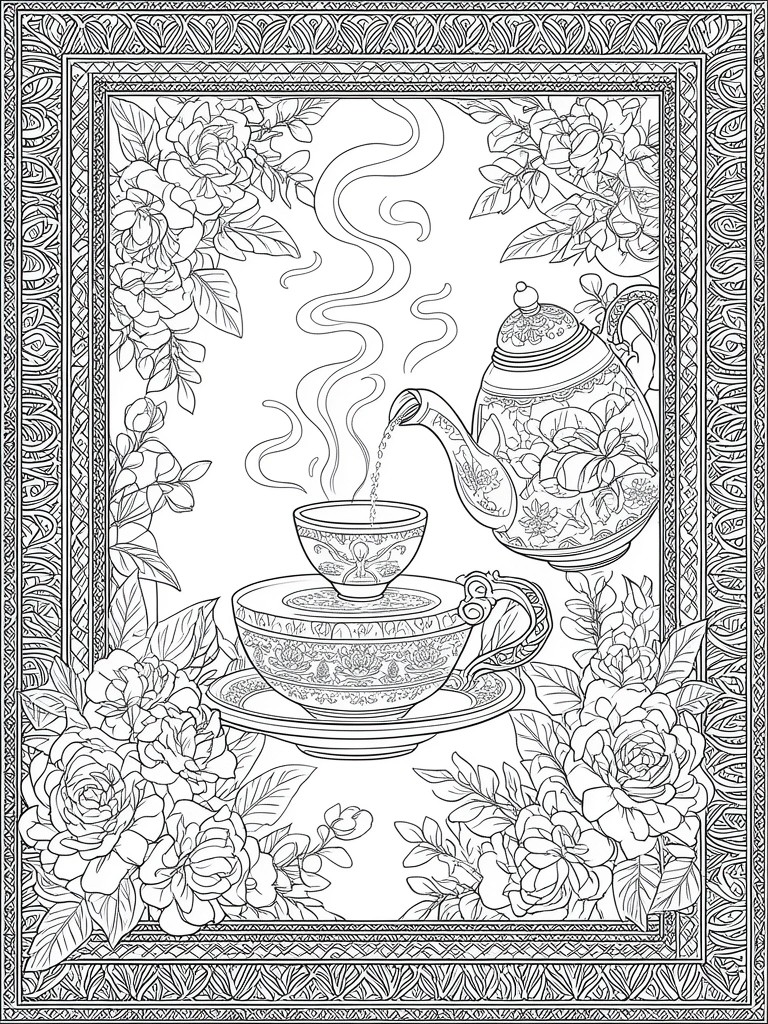 Coloring page of floral teapot pouring tea into ornate cup amid blooming flowers