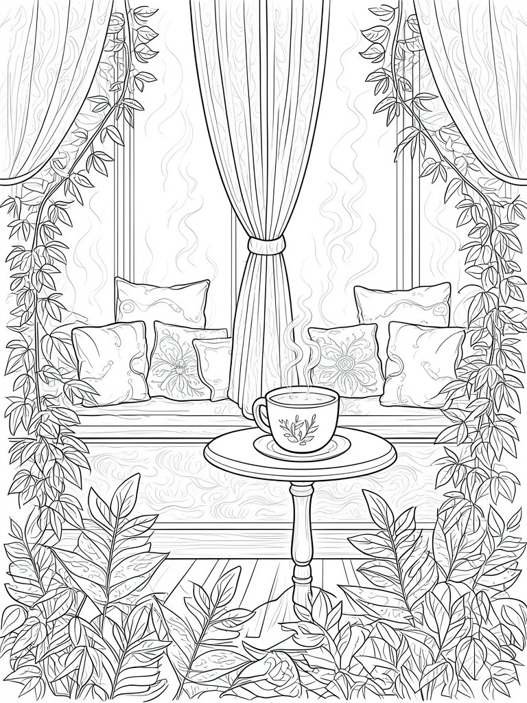 Cozy window seat with pillows, curtains, steaming teacup on table, and leafy vines
