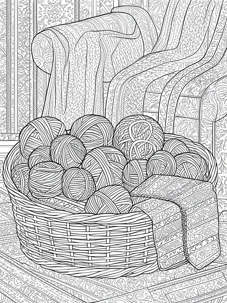 Basket of yarn balls beside chair draped with knitted blanket in line art