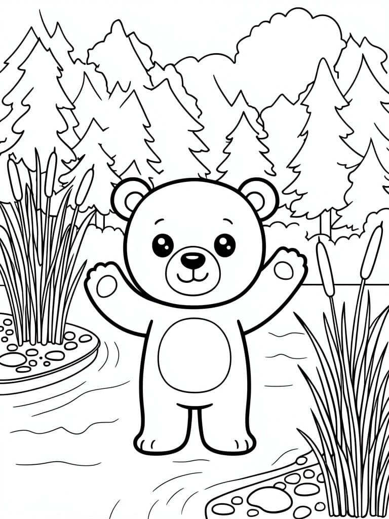 Cute cartoon bear waving by pond in forest with trees and reeds