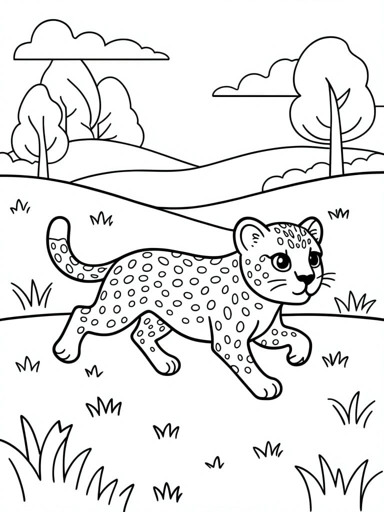 Coloring page of spotted cheetah running through savanna with trees and hills