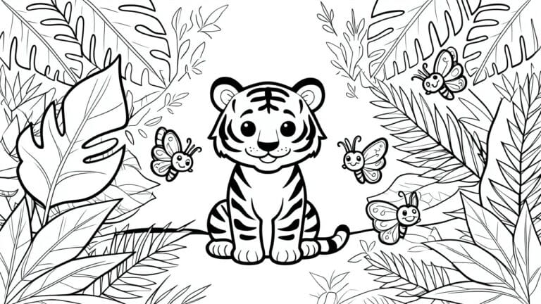 A black and white coloring page of a cute tiger cub sitting in a jungle surrounded by leaves and butterflies.