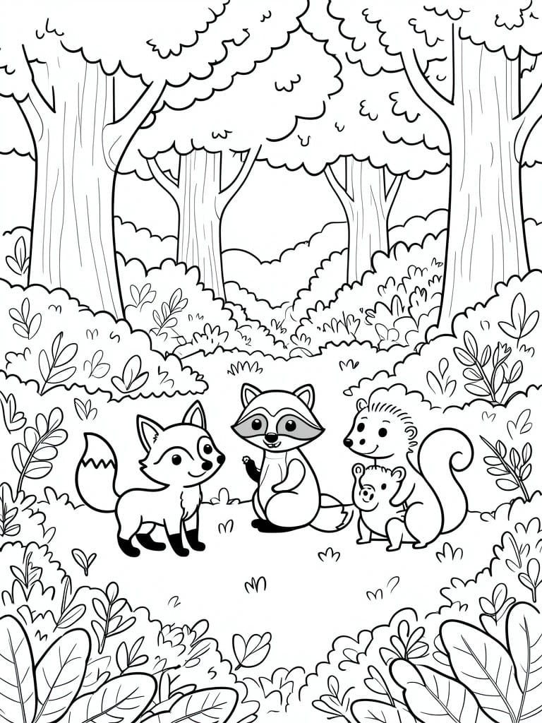 Black and white line drawing of a fox, raccoon, hedgehog, and small bear cub standing together in a forest clearing with trees and bushes around them.