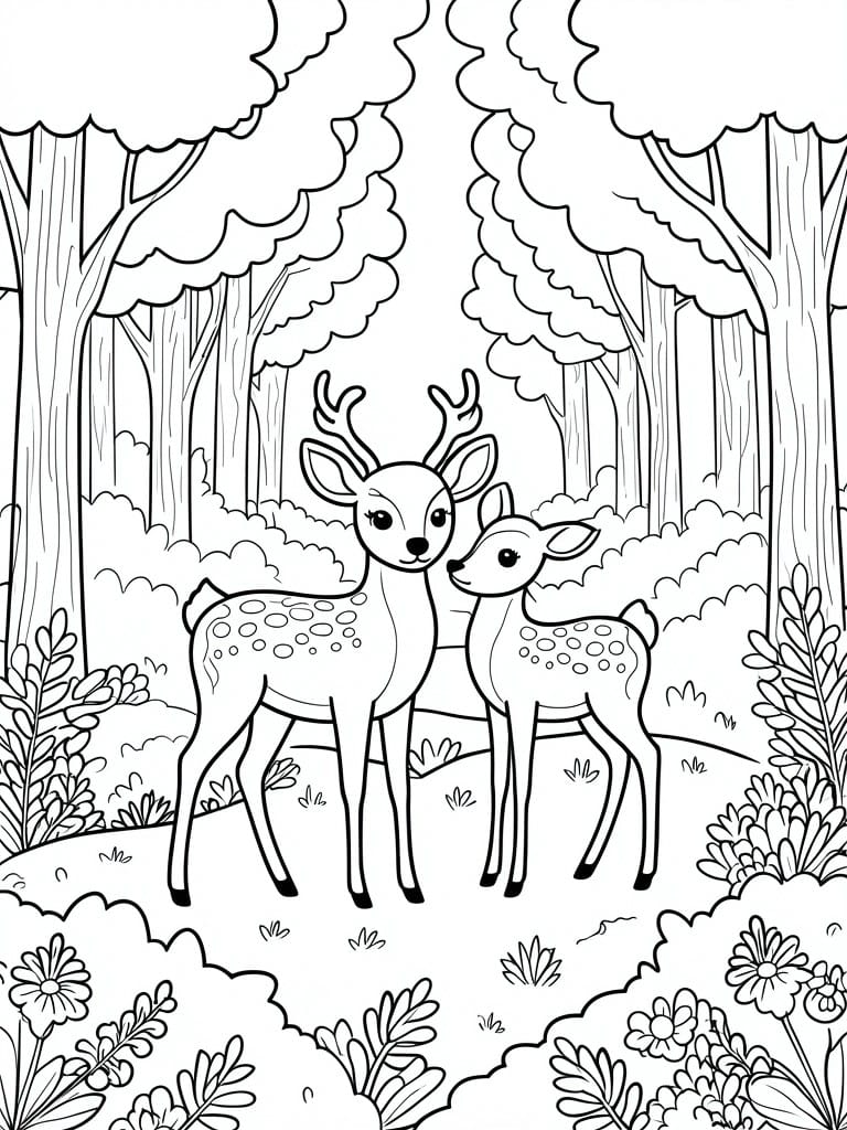 A black and white line drawing shows two spotted deer standing in a forest surrounded by trees, bushes, and flowers.