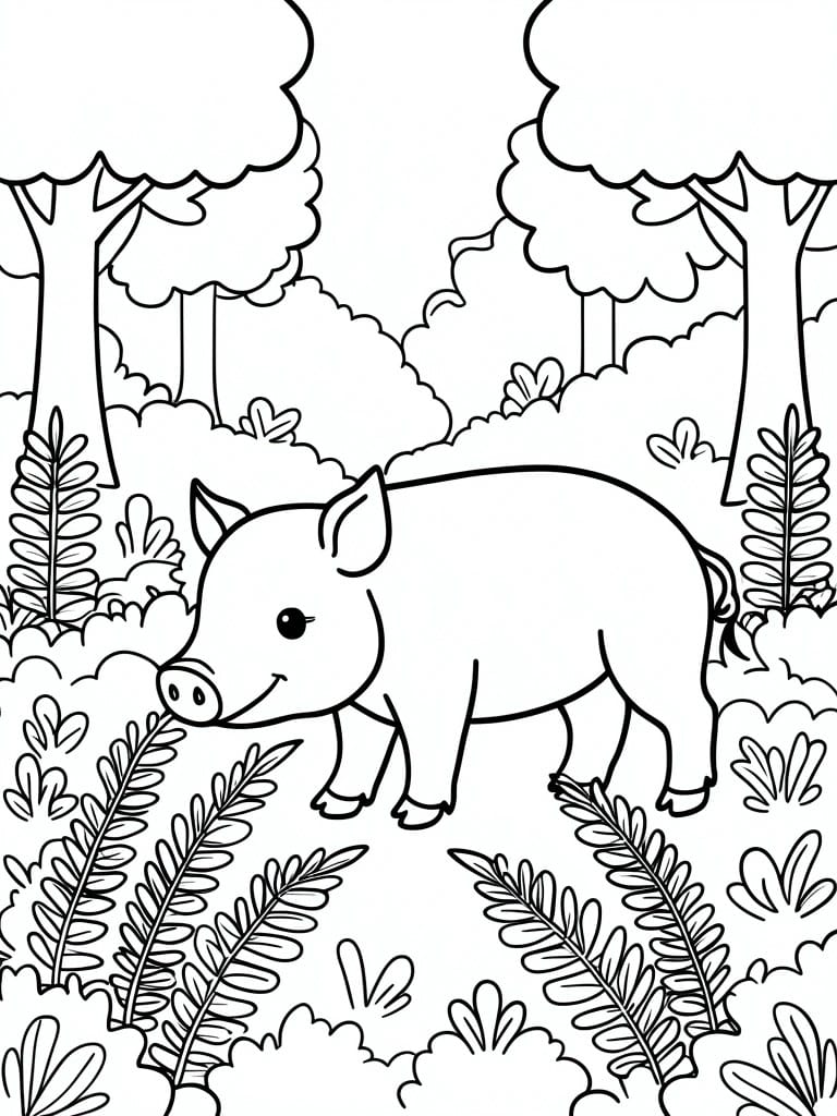 Cartoon pig standing amid ferns and trees in a forest scene.