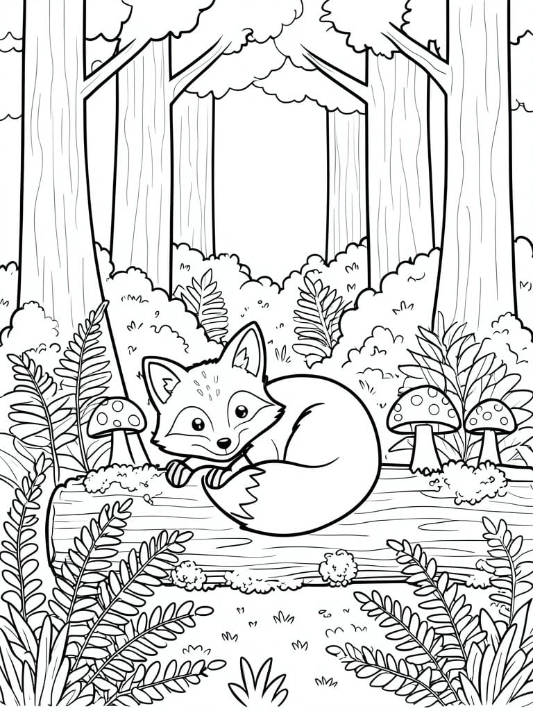 A black and white line drawing of a fox curled on a log surrounded by trees, mushrooms, and ferns in a forest.