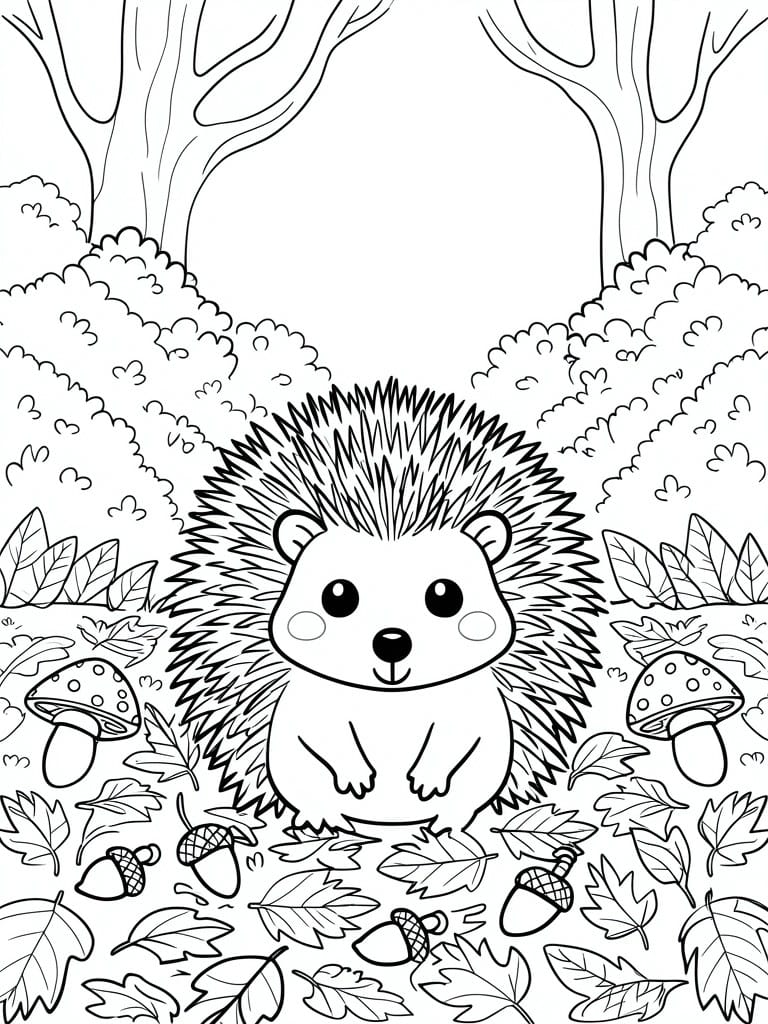 Cute cartoon hedgehog amid leaves, acorns, mushrooms, and trees in forest