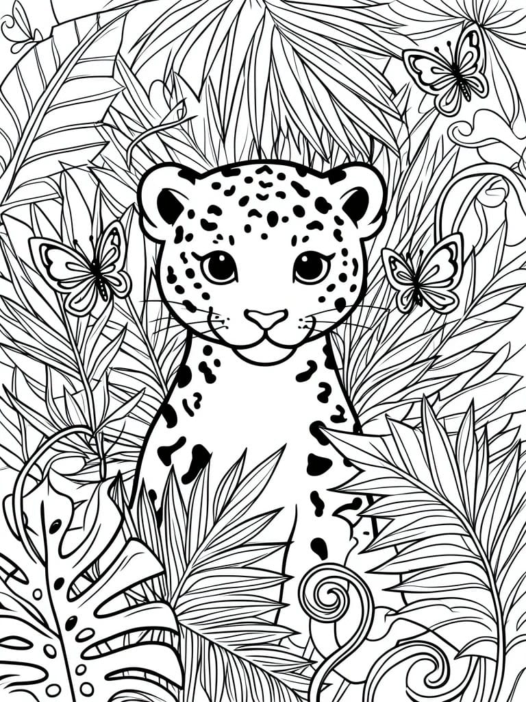 A black and white line drawing of a leopard cub surrounded by jungle leaves and butterflies.
