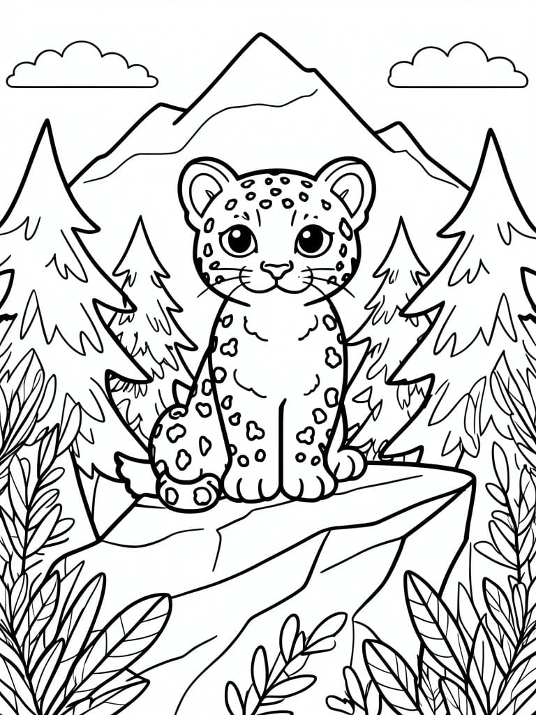 Cute cartoon leopard cub on a rock amid pine trees and mountains