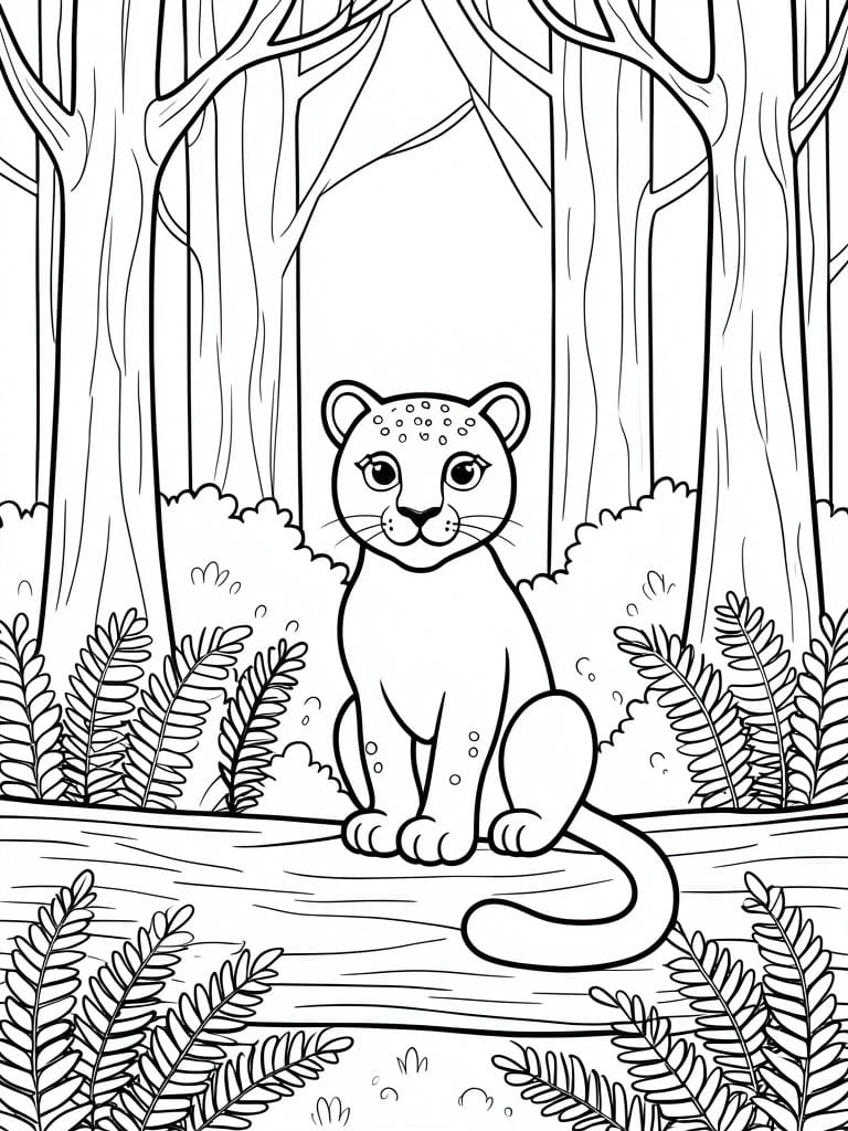 Cartoon leopard cub sitting on log amid forest trees and ferns