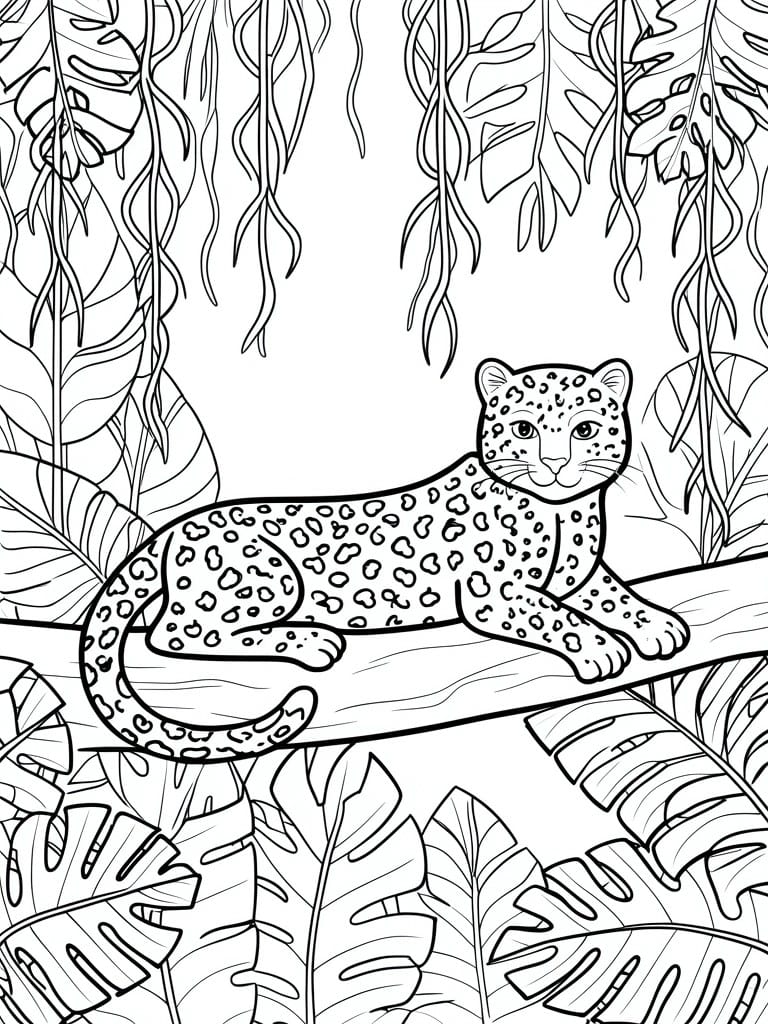 A black and white line drawing of a leopard resting on a tree branch surrounded by jungle leaves and vines.