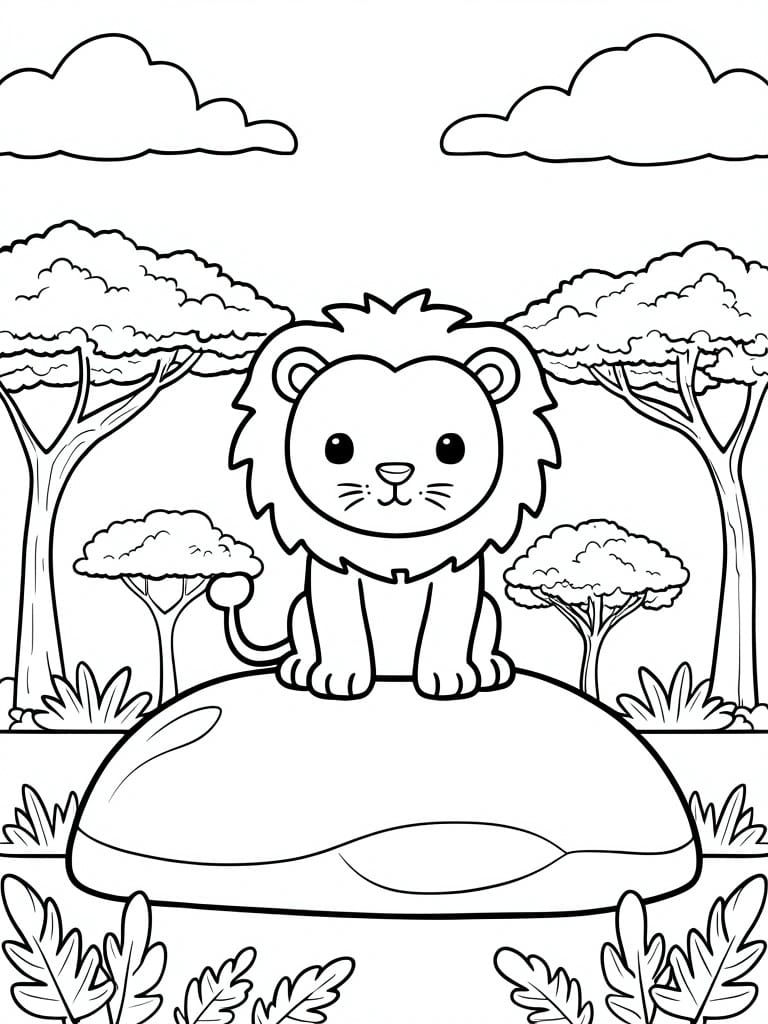 Cartoon lion cub standing on rock in savanna with trees and clouds
