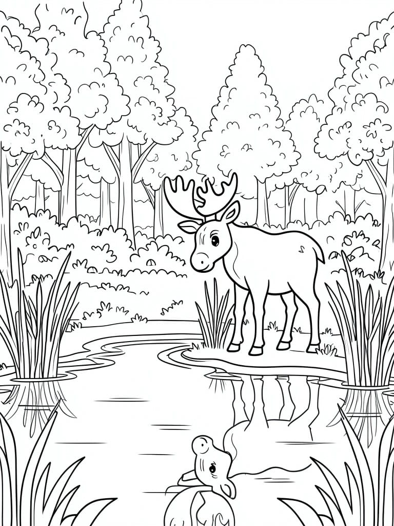 A black and white line drawing of a moose standing by a stream in a forest with trees, reeds, and a frog on a rock in the foreground.
