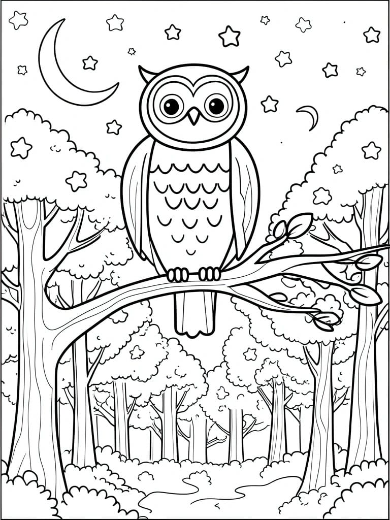 Coloring page of owl perched on branch under moon and stars in forest