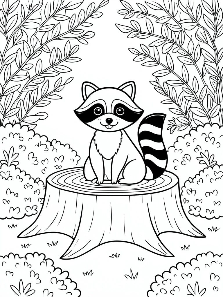 A black and white line drawing of a raccoon sitting on a tree stump with bushes and tree branches around it.