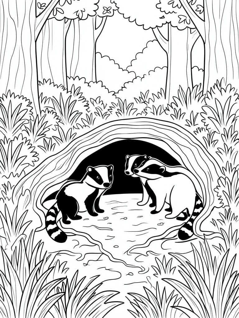A black and white coloring page of two raccoons standing under a large fallen log in a forest with trees, bushes, and a stream.