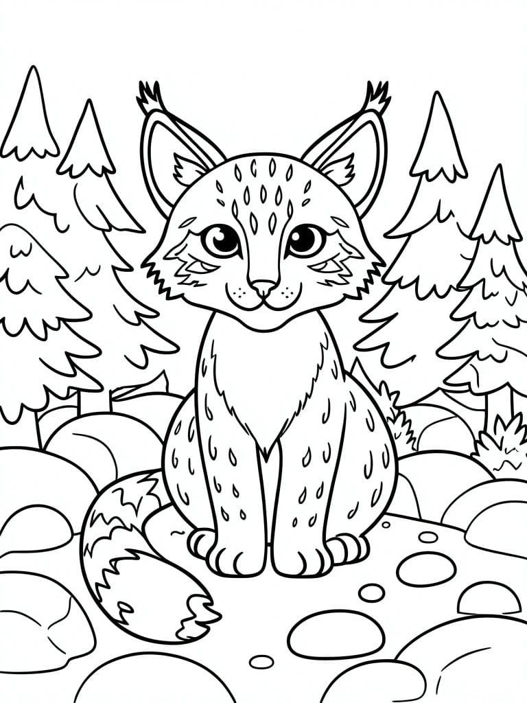 A black and white line drawing of a spotted lynx sitting among rocks with pine trees in the background.