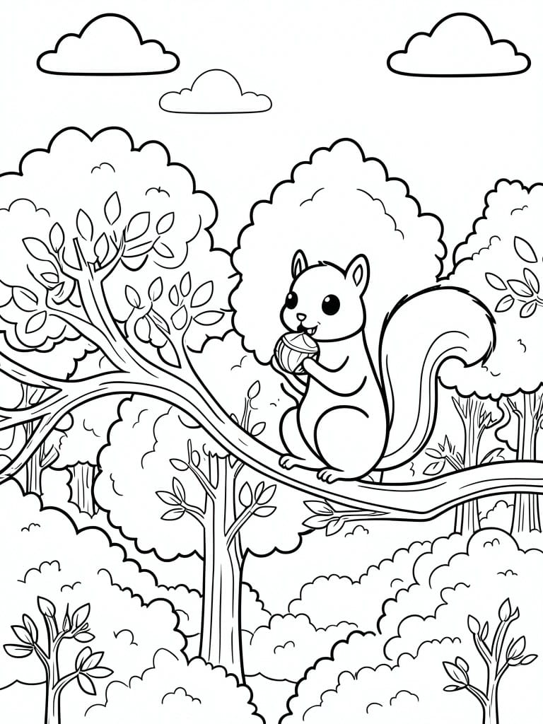 A line drawing of a squirrel on a tree branch holding an acorn, with trees and clouds in the background.
