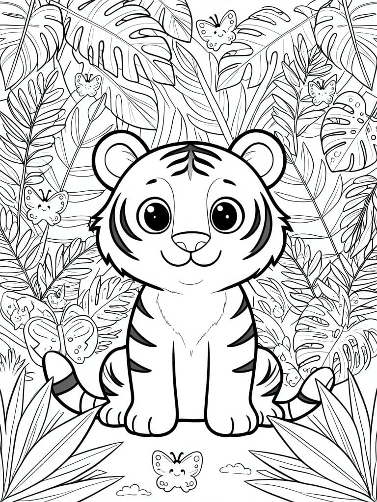 A black and white coloring page of a cute tiger cub sitting in a jungle surrounded by leaves and butterflies.