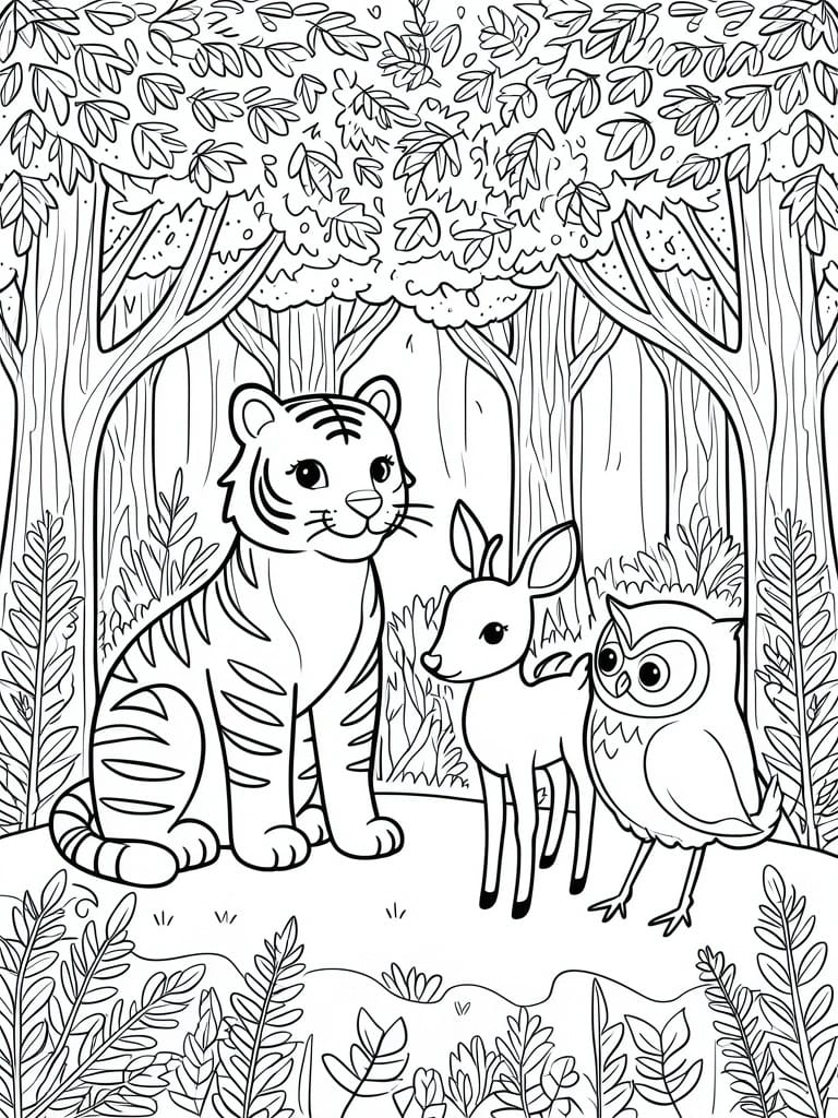 Coloring book illustration of tiger, deer, and owl in forest with trees