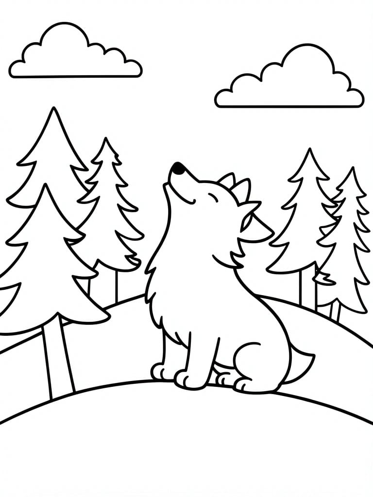 Line drawing of a howling wolf on a hill with pine trees and clouds.