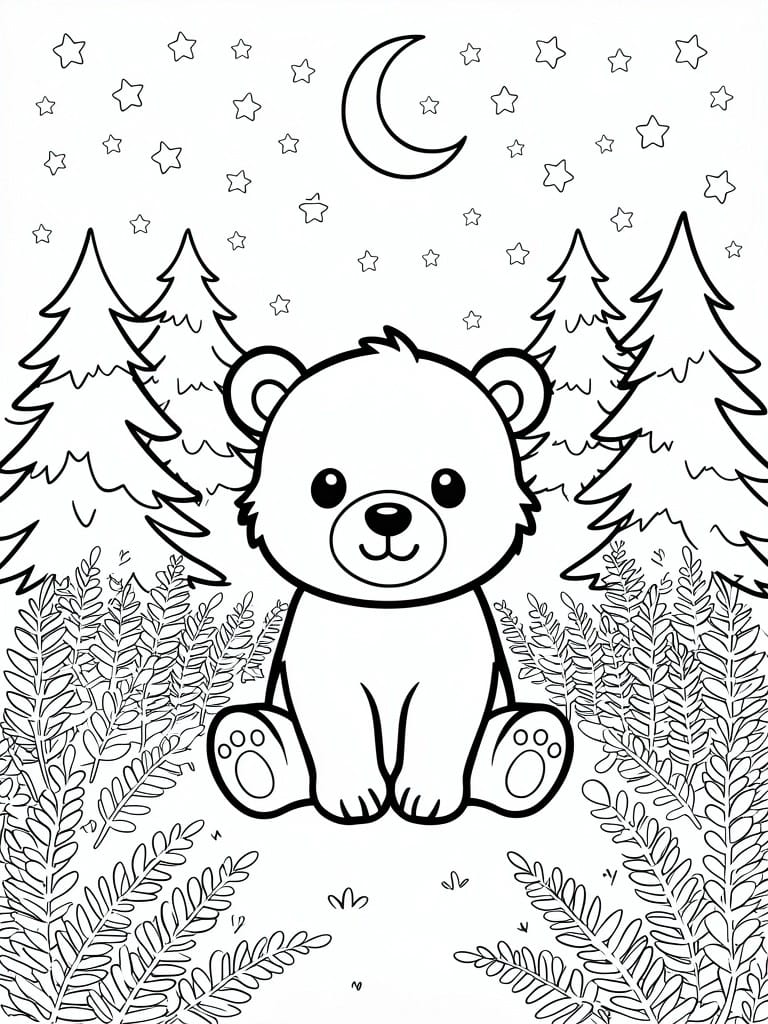 Line drawing of cute bear sitting in forest under crescent moon and stars