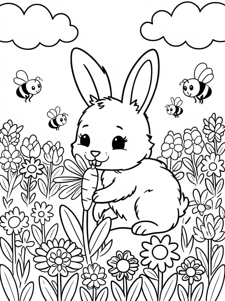 Cartoon bunny holding carrot amid flowers, bees, and clouds in garden