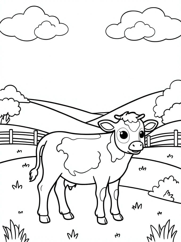 A black and white line drawing of a baby calf standing in a field with fences, hills, clouds, and grass.