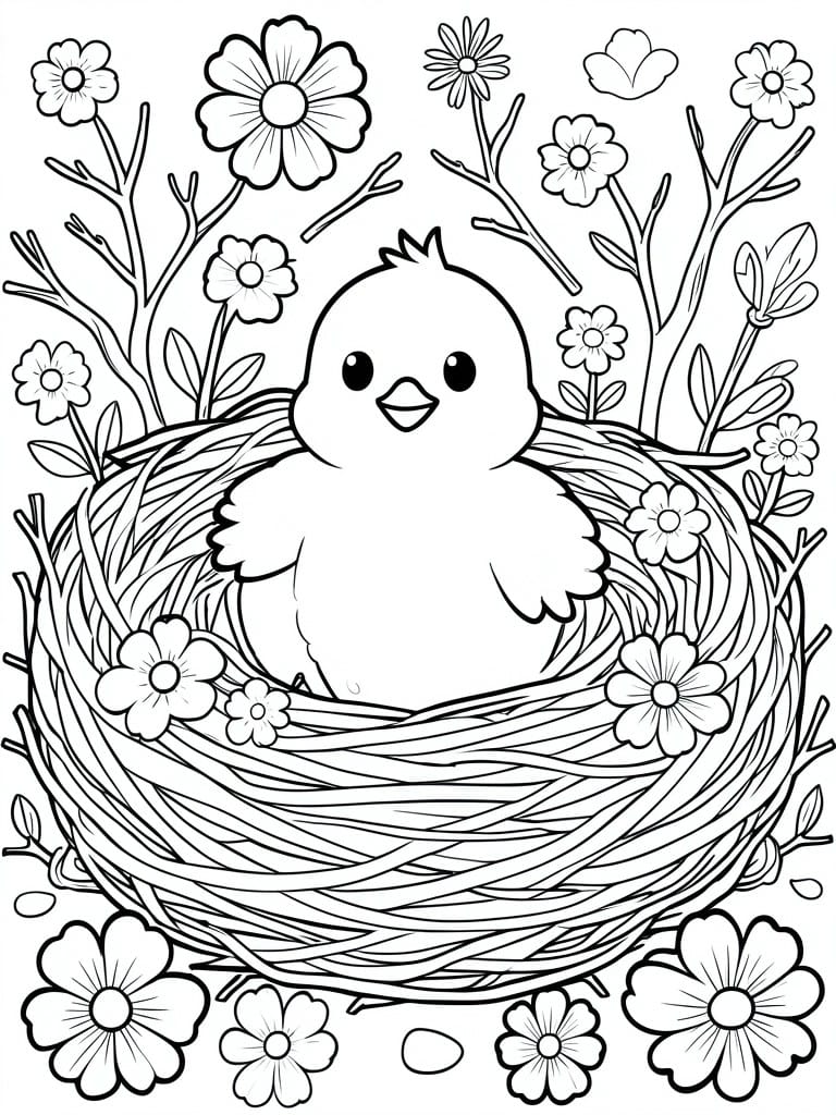 A black and white line drawing of a baby chick in a nest surrounded by flowers and branches.