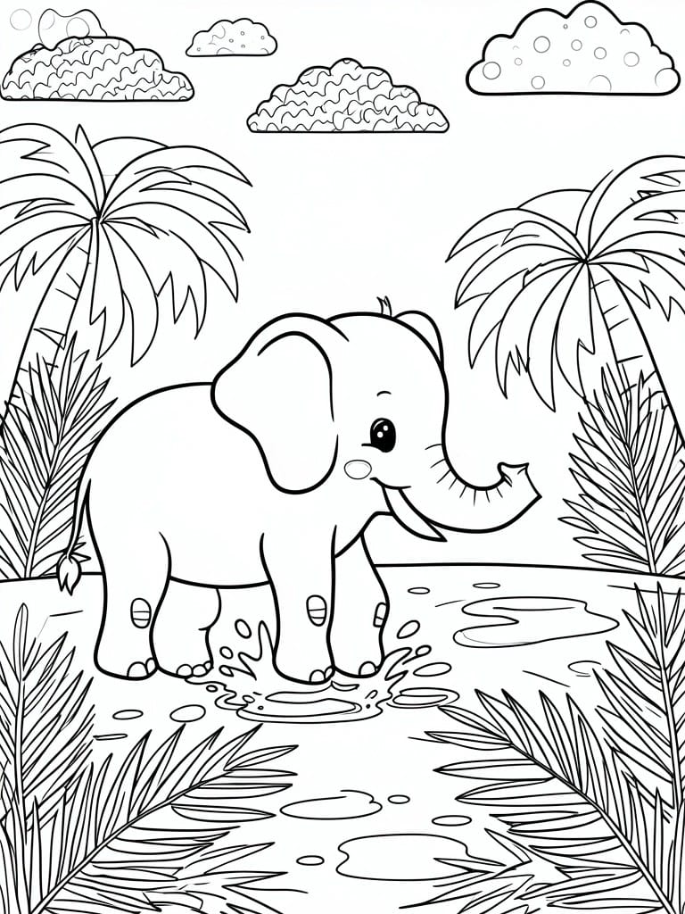 Cartoon elephant splashing in jungle water amid palm trees and clouds.