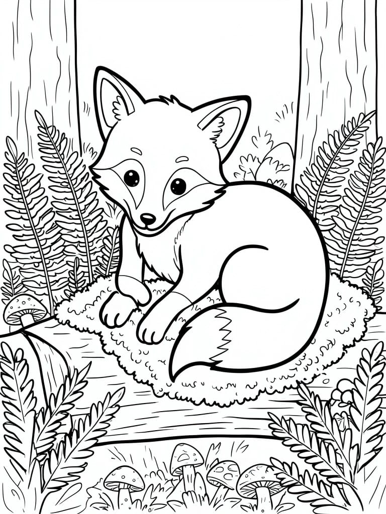 Cartoon fox curled on a log amid ferns and mushrooms in a forest.