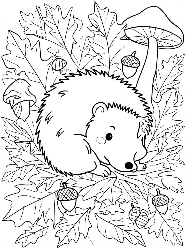 Cartoon hedgehog amid oak leaves, acorns, and mushrooms in black-and-white line art