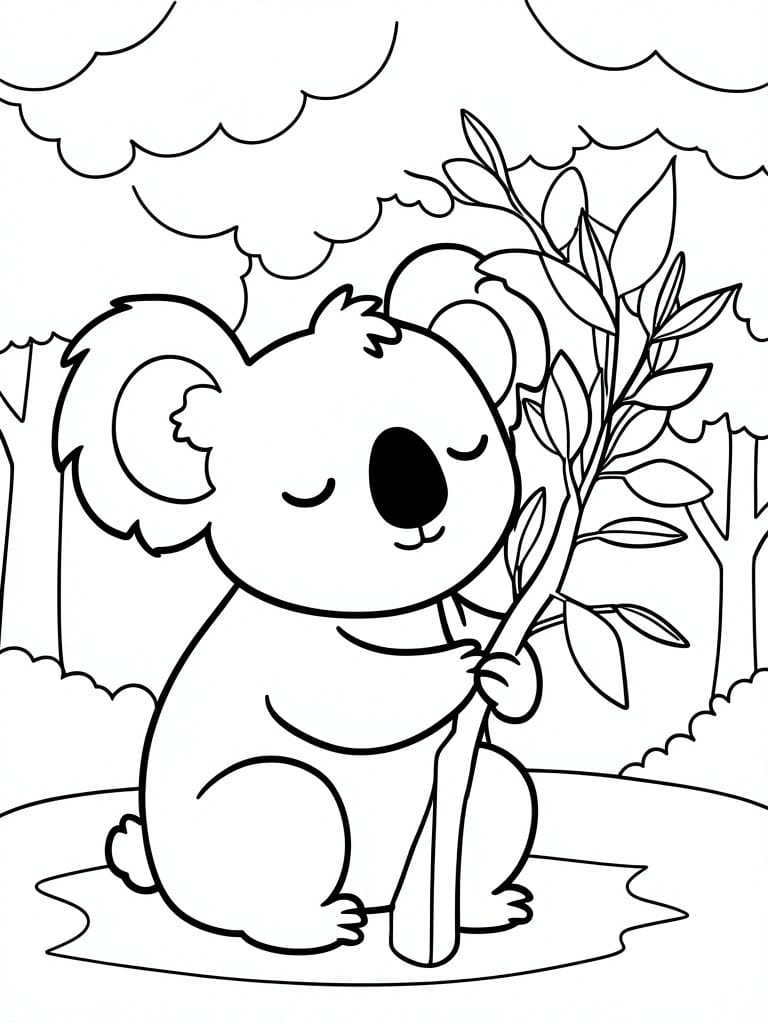 Cartoon koala hugging a leafy branch in a forest with clouds above.