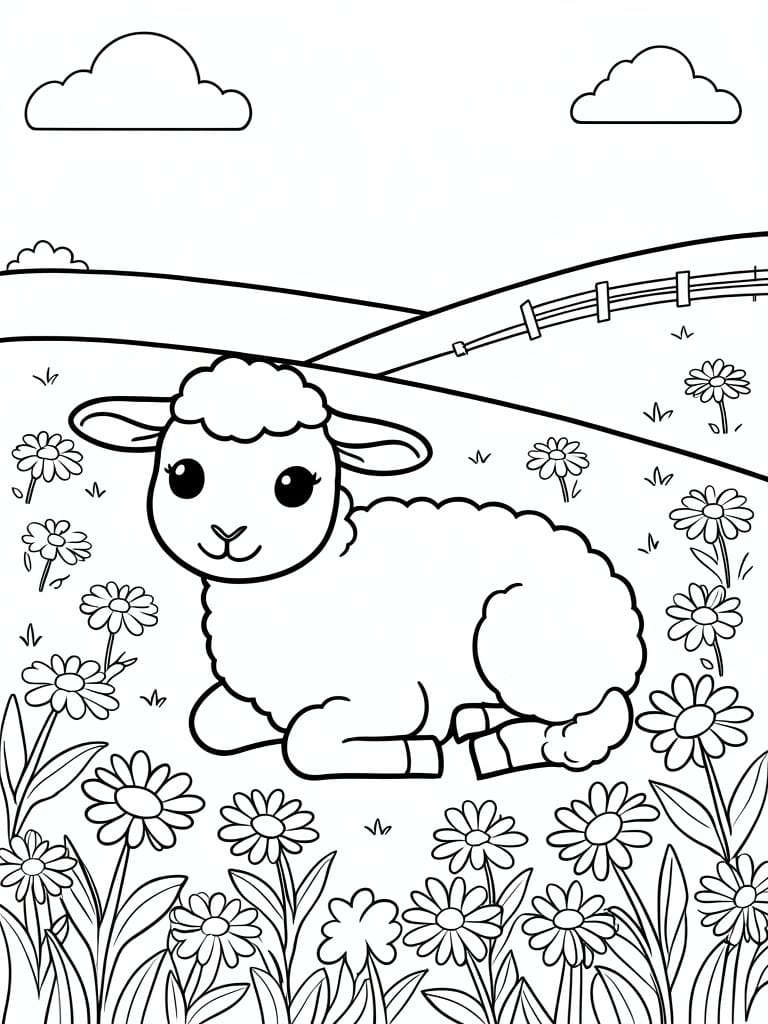 Cartoon lamb resting in a daisy-filled meadow with fence, hills, and clouds.