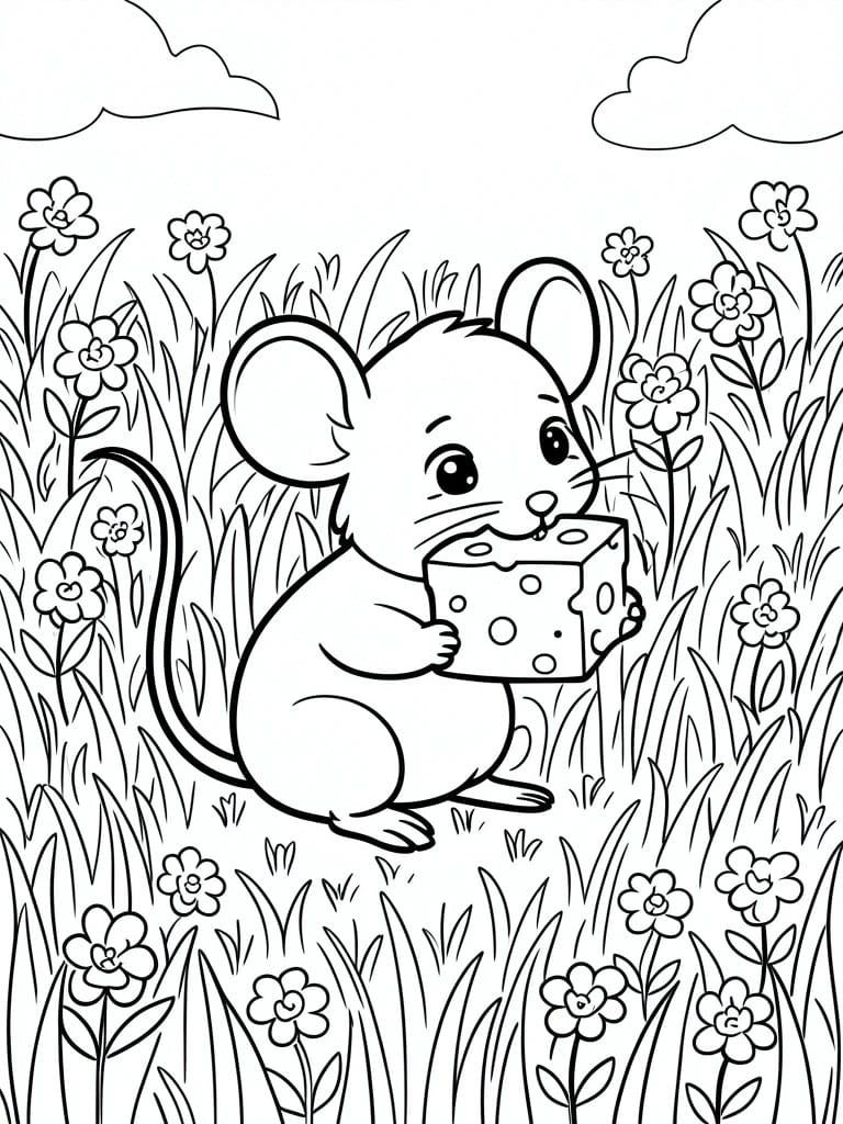 Cartoon mouse holding cheese amid tall grass and wildflowers, black-and-white line art.