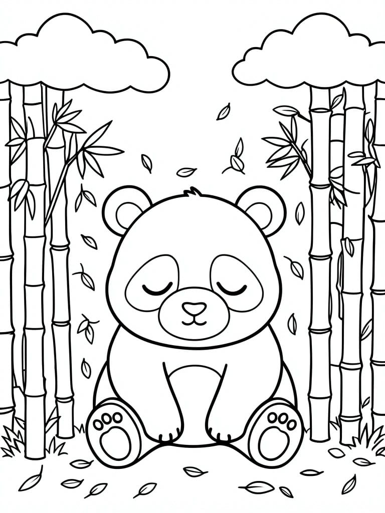 A line drawing of a baby panda sitting with closed eyes among bamboo stalks, clouds, and scattered leaves.