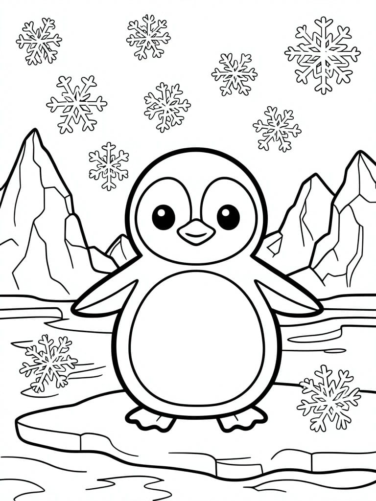 Line drawing of a baby penguin standing on ice with snowflakes and mountains in the background.