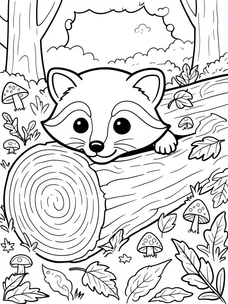 Black and white line drawing of a baby raccoon peeking over a log in a forest with mushrooms, leaves, and trees.