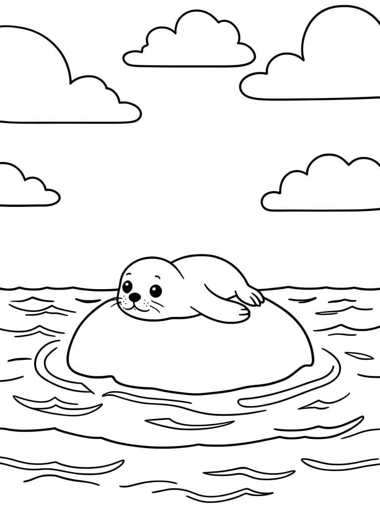 Cartoon seal resting on inflatable ring in wavy ocean under clouds