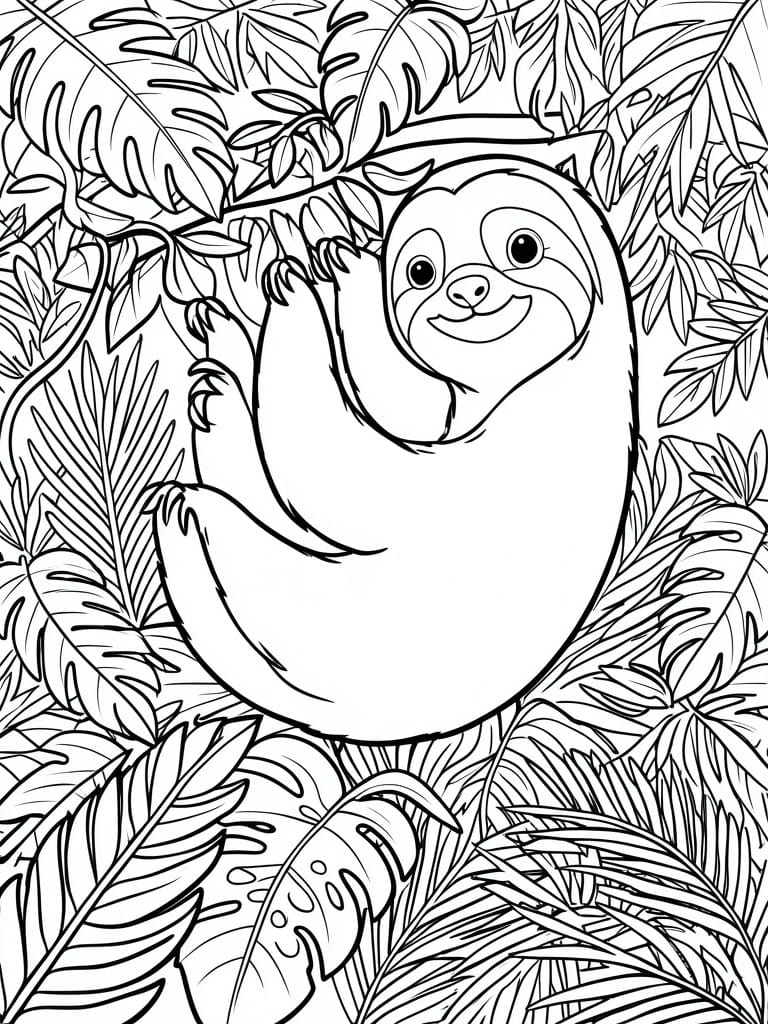 Cute cartoon sloth hanging amid tropical jungle leaves in line art style