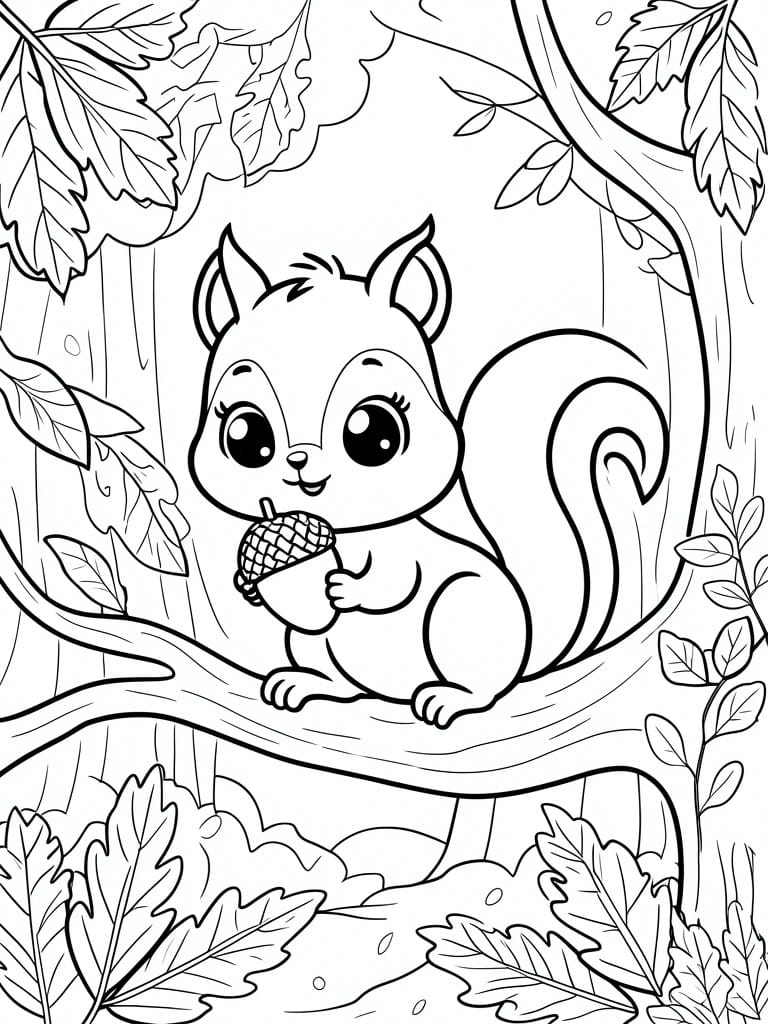 Cartoon squirrel holding acorn on tree branch amid forest leaves and foliage
