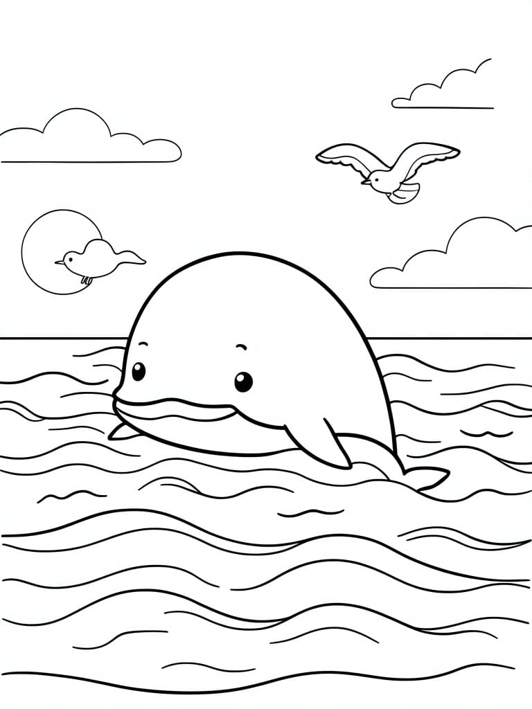 Happy cartoon whale leaping from ocean waves under birds and clouds