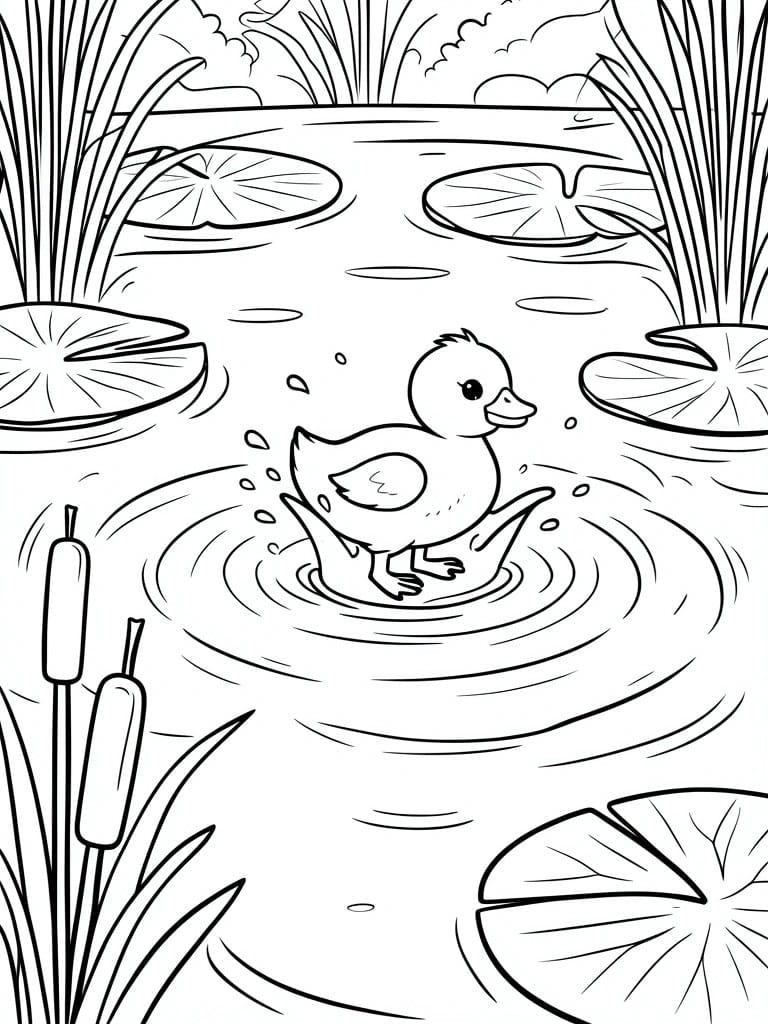 A black and white line drawing shows a duckling standing in pond water with circular ripples, several lily pads, and reeds along the sides.