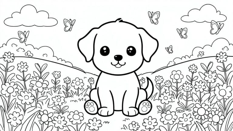 22 Adorable Baby Animal Coloring Pages for a Cozy Preschool Activity A black and white line drawing of a cute puppy sitting in a field of flowers with butterflies flying around and clouds in the sky.