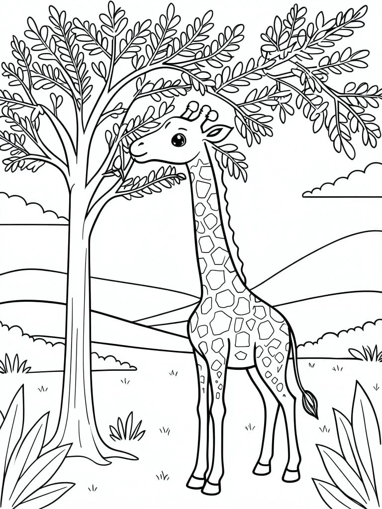 Line drawing of a giraffe standing beside a tree eating leaves in an open landscape with hills.