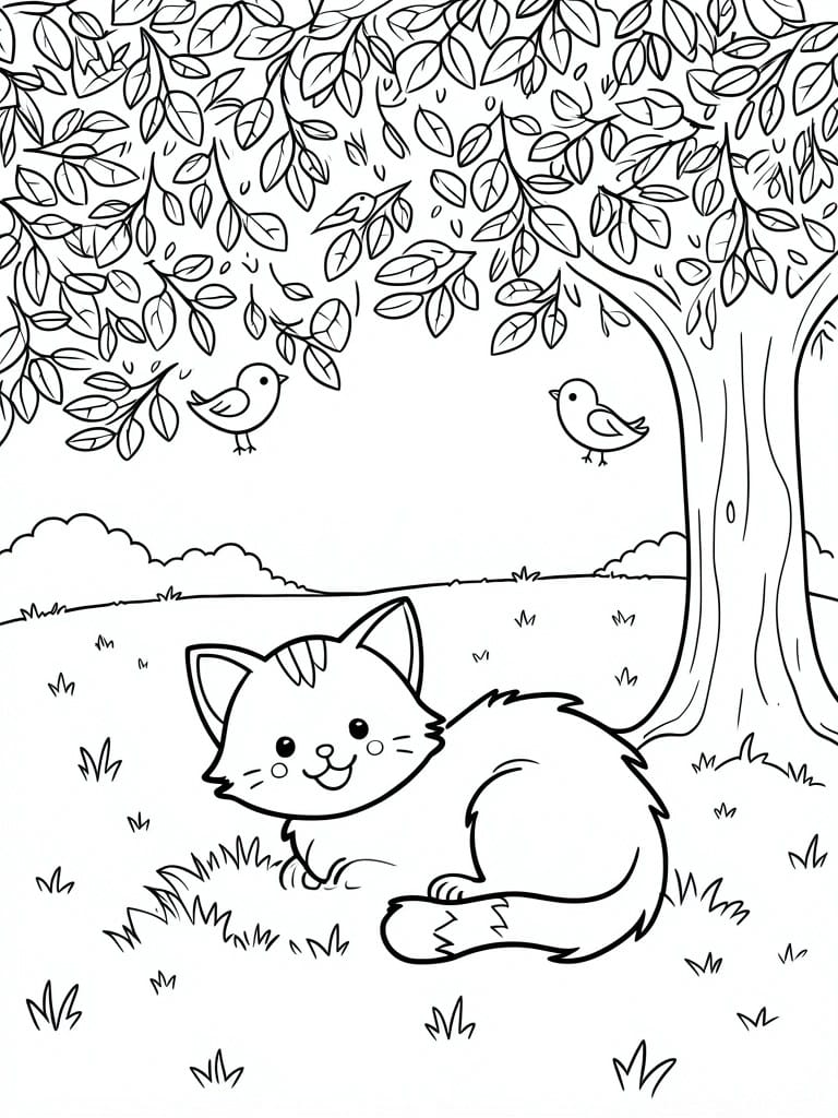 A black and white line drawing of a smiling cat lying in grass under a tree with two birds nearby.