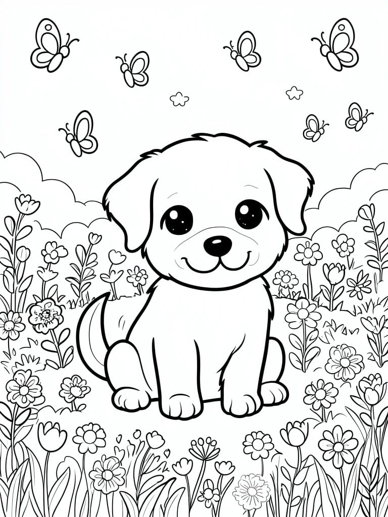 A black and white line drawing of a cute puppy sitting in a field of flowers with butterflies flying around and clouds in the sky.