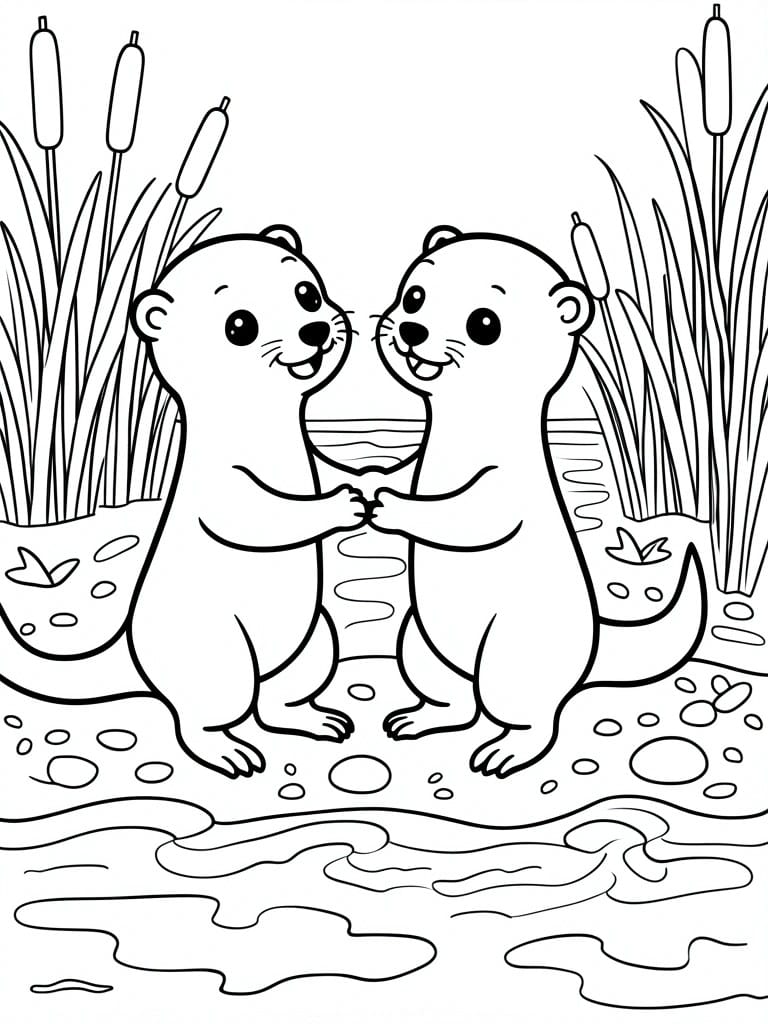A black and white line drawing of two cartoon otters standing on a riverbank with reeds and pebbles.