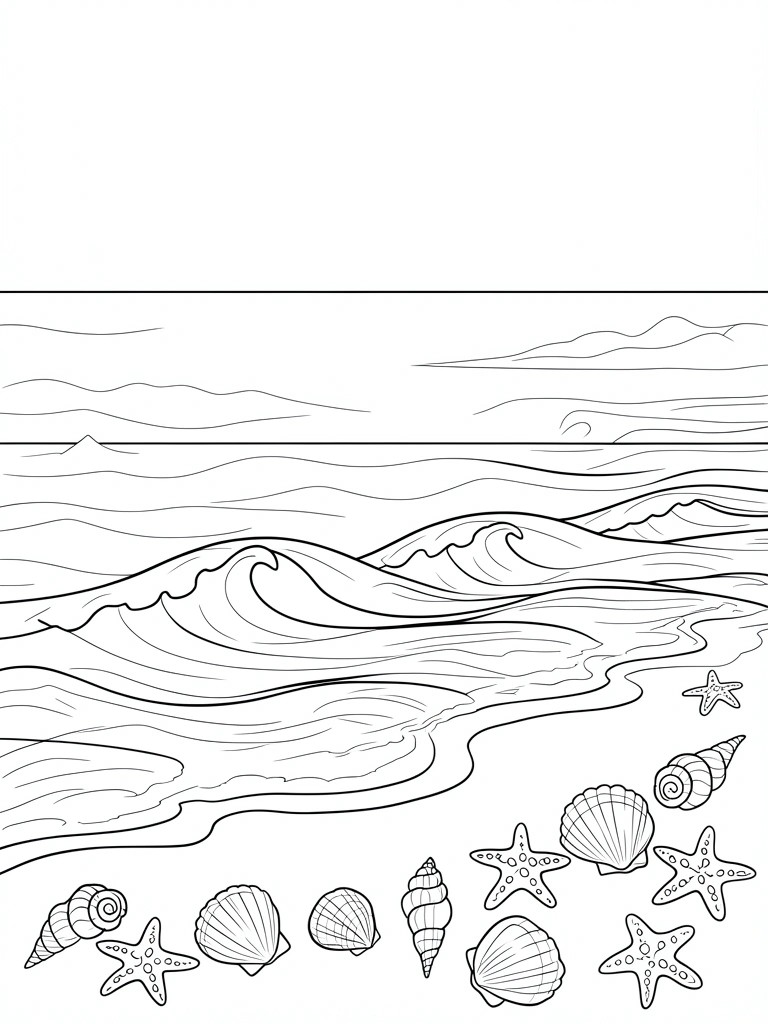A black and white line drawing of ocean waves approaching a beach with seashells and starfish along the shore.